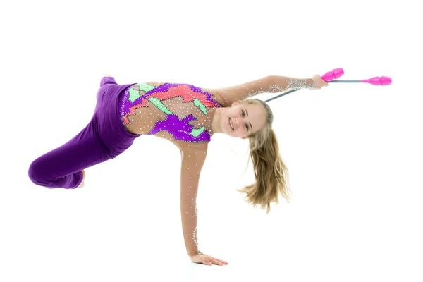 Gimnastyczka Wykonuje Ćwiczenia Maczugą — Zdjęcie stockowe