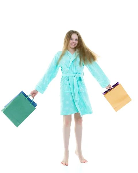 Cheerful Girl Short Robe Waving Multicolored Paper Bags — Stock Photo, Image
