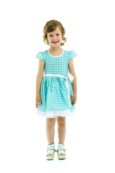 Чарівна Маленька Дівчинка Щасливо Сміється Студії Білому Тлі — стокове фото