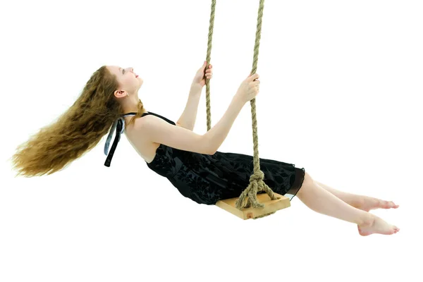 Beautiful Teen School Girl Swinging Swing Concept Summer Vacation — Stock Photo, Image
