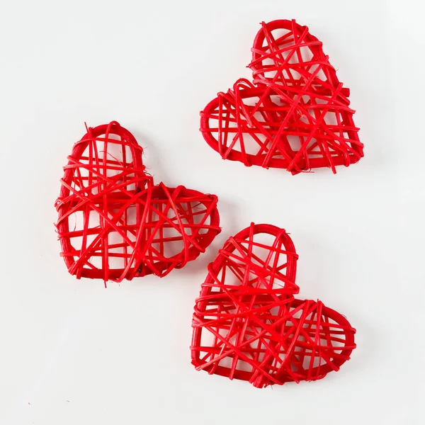 Red Handmade Hearts Made Twigs White Background — Stock fotografie