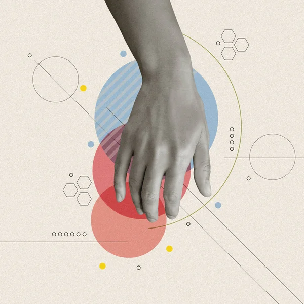 Collage Arte Con Palmo Umano Elementi Creativi Forme Geometriche Poster — Foto Stock