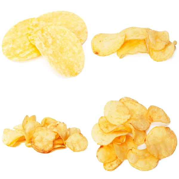 Set Kartoffelchips Großaufnahme Auf Isoliertem Weißem Hintergrund — Stockfoto