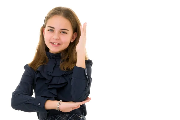 Mädchen Schulmädchen Hebt Ihre Hand Nach Oben — Stockfoto
