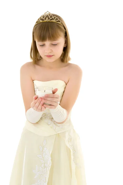 Yeni Yıl Kostümlü Küçük Kız Elinde Mumla — Stok fotoğraf