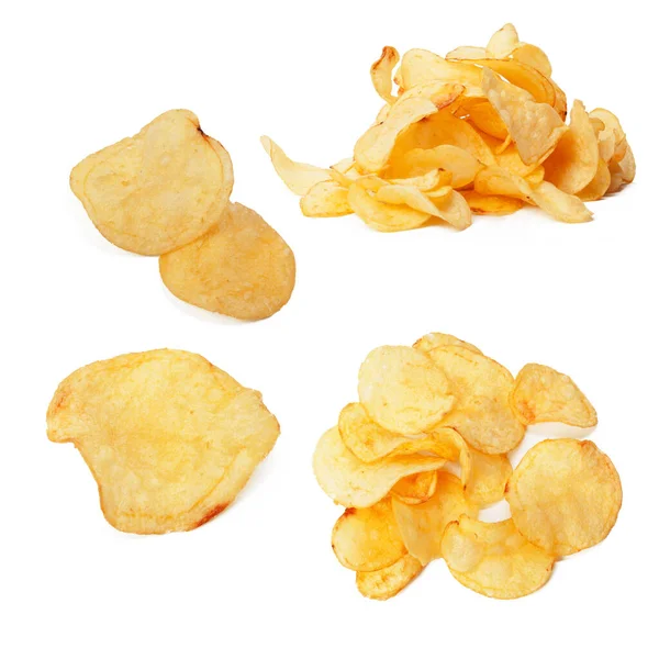 Set Kartoffelchips Großaufnahme Auf Isoliertem Weißem Hintergrund — Stockfoto