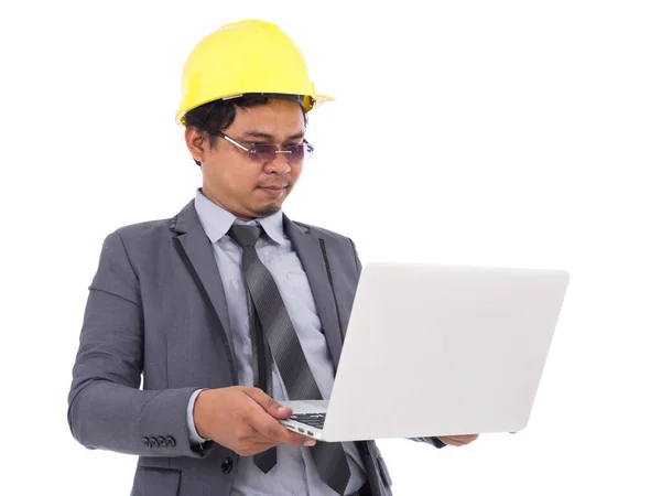 Engineer Using Laptop Isolated White Background — Stock Photo, Image