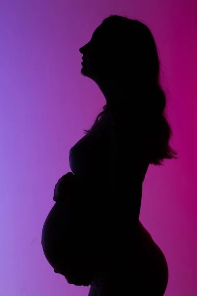 Hermosa Joven Embarazada Lencería Está Felizmente Acariciando Vientre Estudio Hermosa —  Fotos de Stock