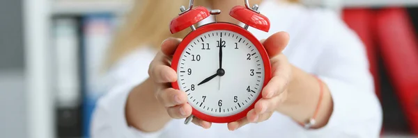 Smiling Business Woman Holding Hand Alarm Clock — 스톡 사진