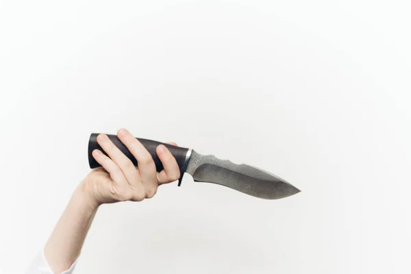Knife Hand Close Light Background Edged Weapon — Stock Photo, Image