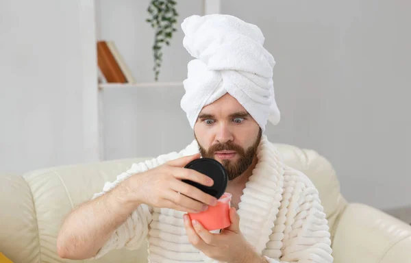 Handsome Man Holding Cosmetic Pink Scrub Skin Spa Body Skin — Stock Photo, Image