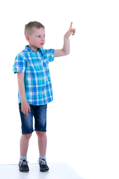Ten Chlapec Ukazuje Prstem Něco — Stock fotografie