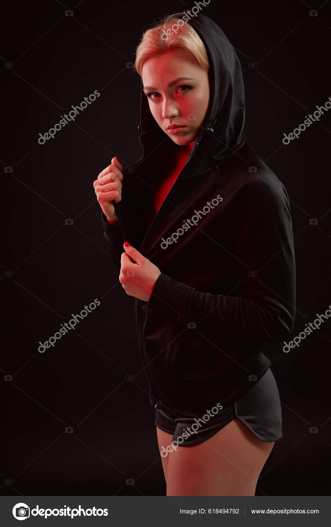 Beautiful Seductive Sporty Girl Slim Sexy Figure Black Hoodie