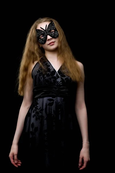 Όμορφο Κοριτσάκι Θεατρική Μάσκα Μαύρο Φόντο — Φωτογραφία Αρχείου