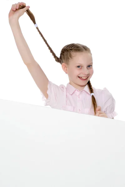 Little Girl Pulling Herself Pigtails — Stock Photo, Image
