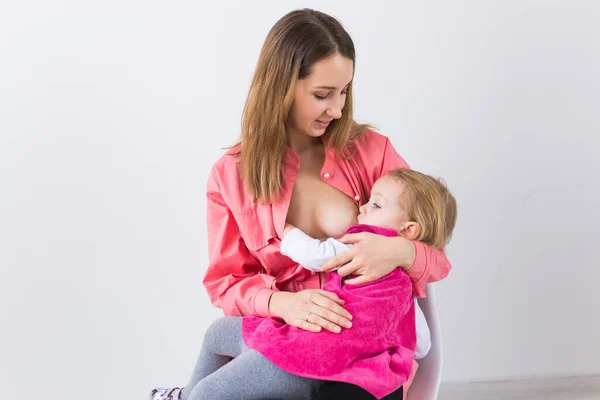 Motherhood Children Concept Mother Baby Lactation White Background — Stock Photo, Image