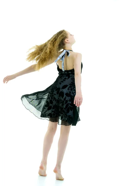 Menina Vestido Que Desenvolve Vento — Fotografia de Stock