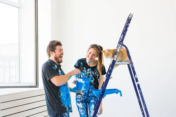 Pet Redecoration Relationship Concept Young Funny Couple Cat Doing Renovation — Stock Photo, Image