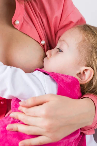 母親は家で母乳育児をしている 子供は母親のミルクを食べる 若い女性看護と給餌の赤ちゃん 授乳幼児の概念 — ストック写真