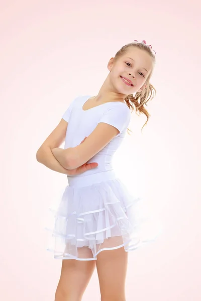 Dziewczynka Gimnastyczka Biały Dres — Zdjęcie stockowe