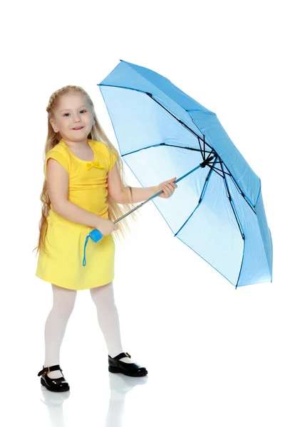 Girl Holds Blue Umbrella Her Hands — Stock Photo, Image