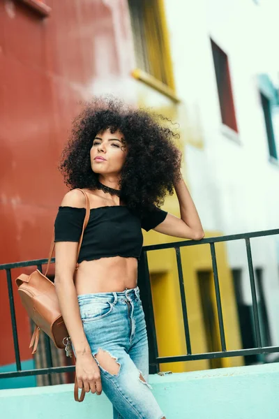 Mujer Joven Mixta Con Cabello Afro Pie Calle —  Fotos de Stock