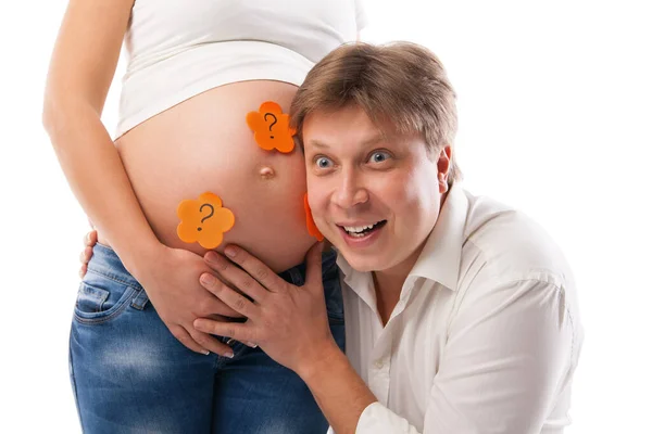Husband Listening His Wife Belly — Stock Photo, Image