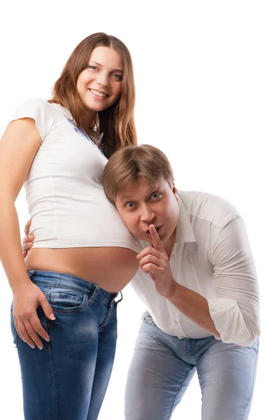 Husband Listening His Wife Belly — Stock Photo, Image