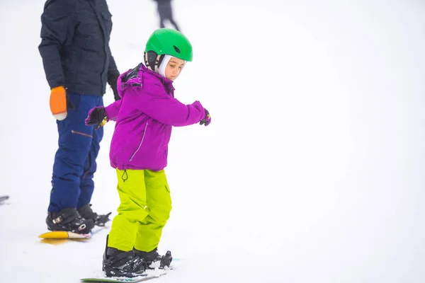 Snowboard Winter Sport Little Girl Learning Snowboard Wearing Warm Winter — Stock Photo, Image