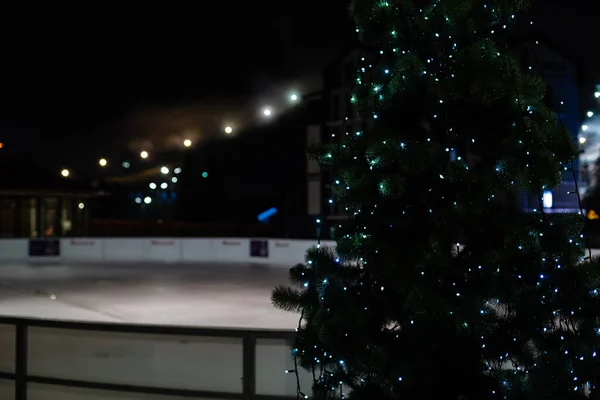Buz Pateni Pisti Noel Ağacının Gece Manzarası — Stok fotoğraf