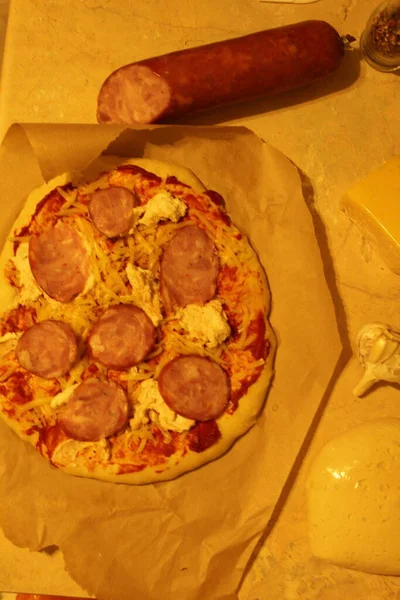 Pizza Ham Sausage Homemade Pizza Meals Lie Parchment Next Sausage — Stock Photo, Image
