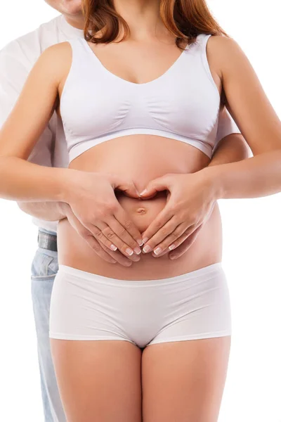 Mujer Embarazada Hombre Formando Corazón Protuberancia Del Bebé — Foto de Stock