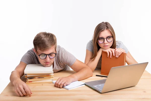 Education People Concept Couple Young People Glasses Look Bored Learning — Stock Photo, Image