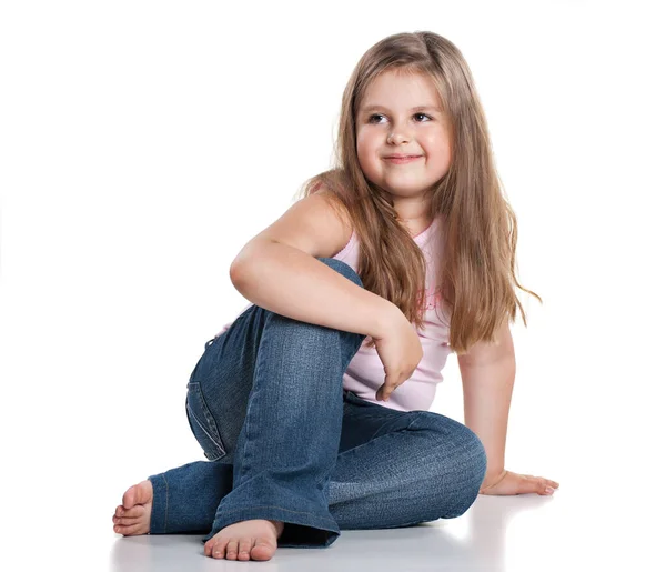 Cute Happy Little Girl Sitting White Background — Stock Photo, Image