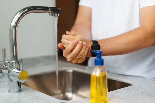 Man Washing Hands Soap Sink His Home — Stock Photo, Image