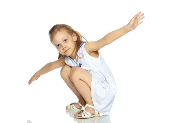 Little Girl Gesticulating Agains White — Stock Photo, Image