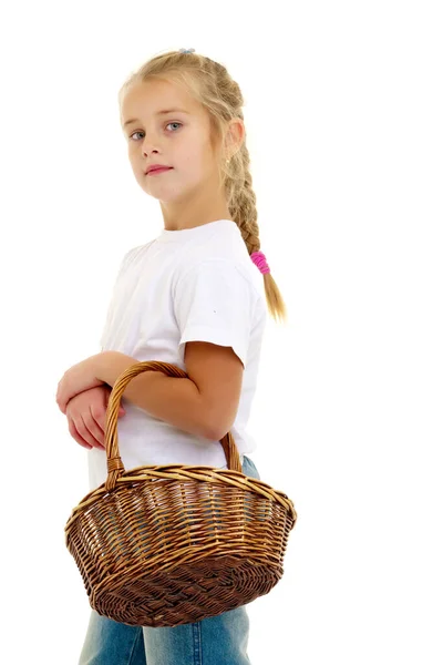 Little Girl Wicker Basket — Stock Photo, Image