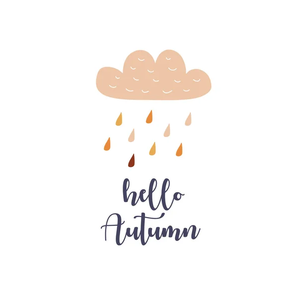 Kartendesign Mit Text Hallo Herbst Handgezeichneter Stil Regen Mit Tropfen — Stockfoto