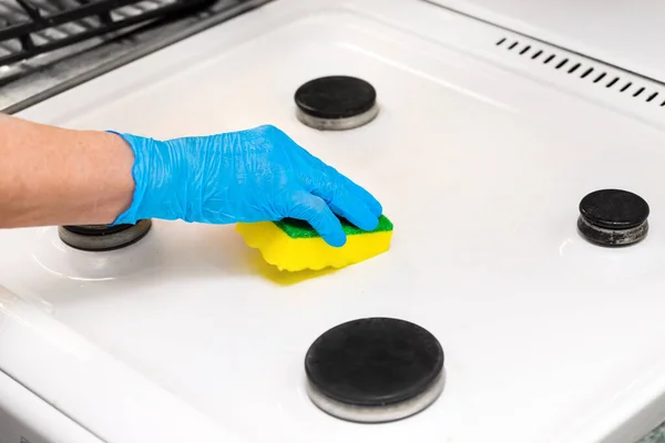 Woman Hand Household Glove Sponges Gas Stove Cleaning Kitchen Washing Stock Photo