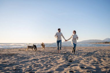 Köpekli çift, sonbahar günü sahilde eğleniyor.