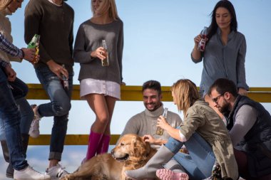 Bir grup arkadaş, sonbahar günü kumsalda eğleniyorlar.