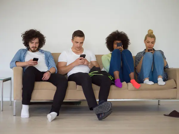 Multiethnic Group Young People Staring Smartphone — Stock Photo, Image
