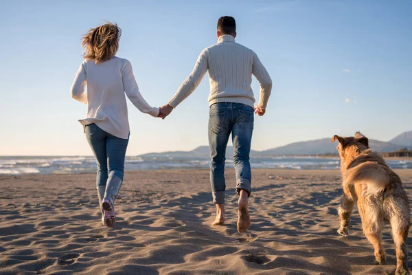 Köpekli çift, sonbahar günü sahilde eğleniyor.