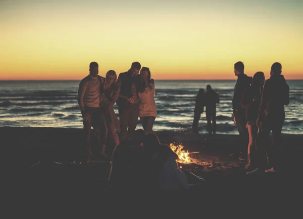 Amici Che Divertono Spiaggia Giorno Autunno — Foto Stock