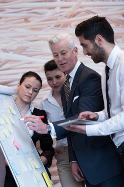 İş adamları beyin fırtınası yapıyor ve reklam panosuna notlar alıyorlar.