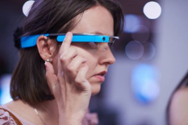 man using virtual reality gadget computer glasses