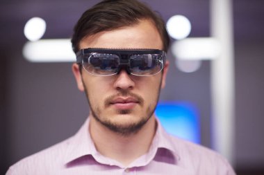 man using virtual reality gadget computer glasses