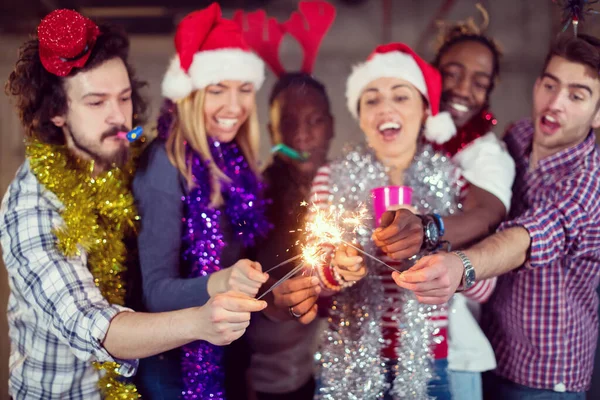 Multiethnic Group Casual Business People Lighting Sparkler — Stock Photo, Image