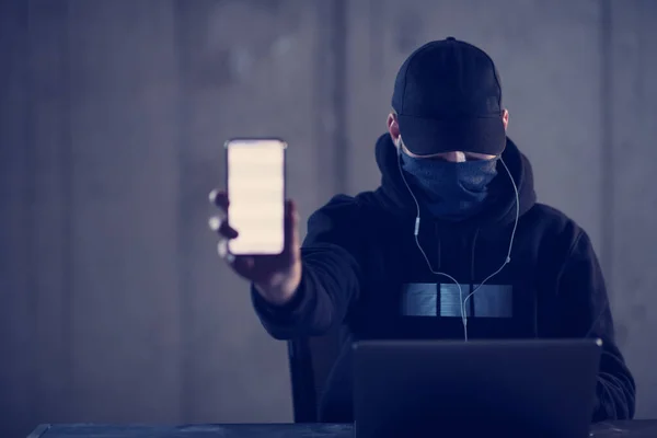Criminal Hacker Using Laptop Computer While Working Dark Office — Stock Photo, Image