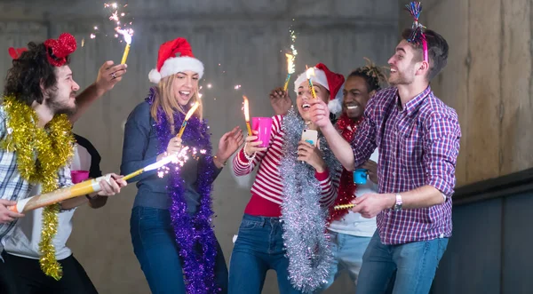 Multiethnic Group Casual Business People Dancing Sparklers — Stock Photo, Image